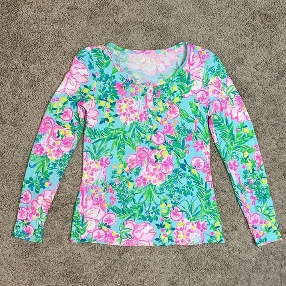 ❤️ Lilly Pulitzer Henley Pajama Top Fruity Flamingo Colorful Tropical 010496 - Picture 4 of 12